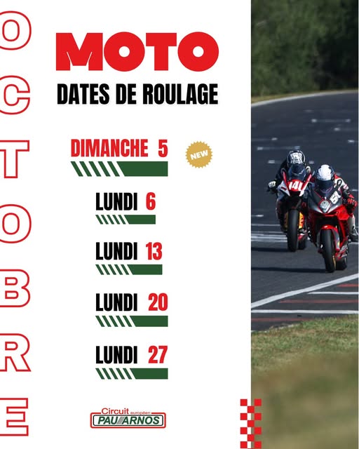Dates de roulage d'octobre sur le Circuit de Pau-Arnos